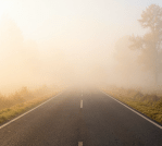 Road disappearing into dense fog, symbolizing uncertainty, risk, and the need for judgment when the path ahead is unclear.